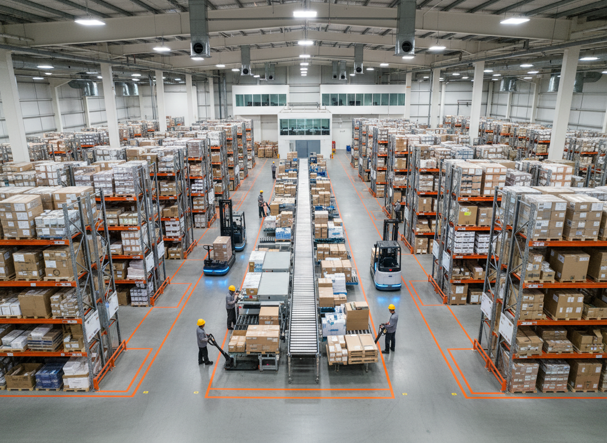 Armazém logístico moderno com prateleiras industriais